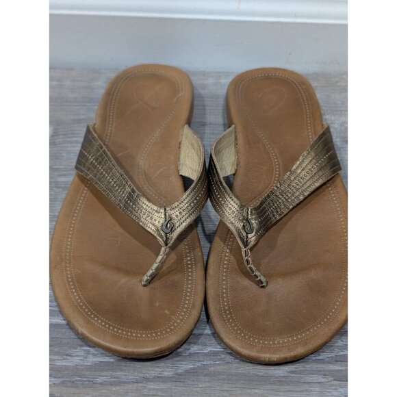 OluKai Women’s Leather Flip Flops/Sandals/Thongs Gold Straps Size 9 - Picture 2 of 16